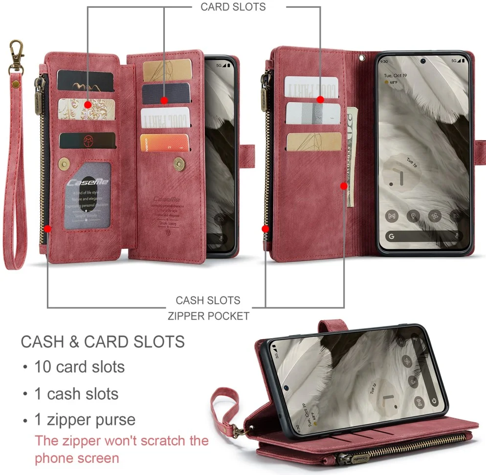 CaseMe C30 Google Pixel 8 Hoesje Pasjeshouder Book Case Rood afbeelding 3
