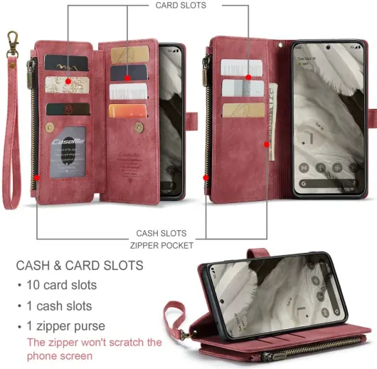 CaseMe C30 Google Pixel 8 Hoesje Pasjeshouder Book Case Rood afbeelding 3