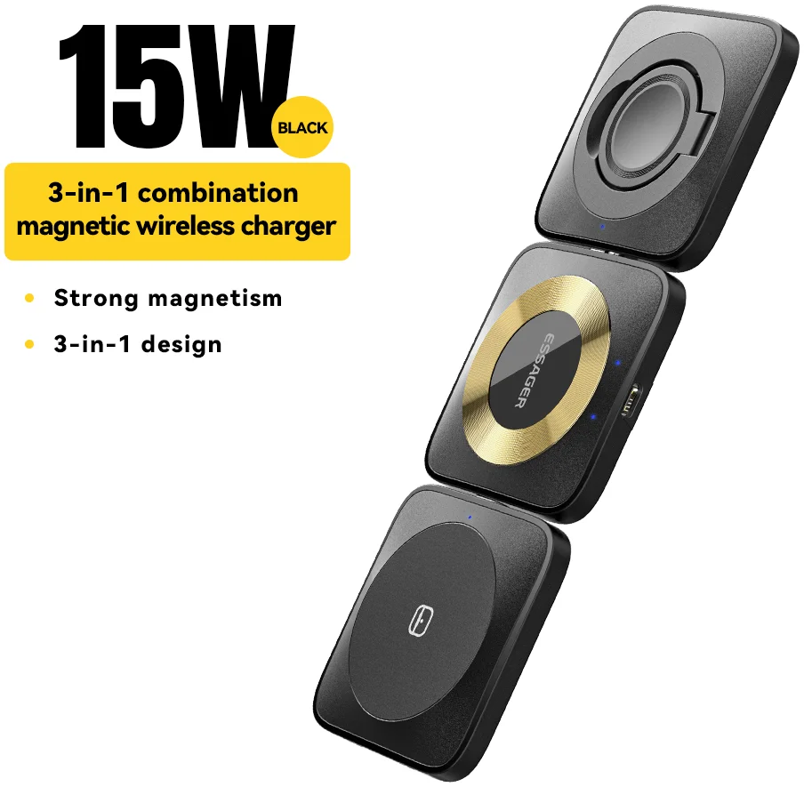 Essager 3-in-1 Opvouwbare Draadloze Lader iPhone/AirPods/Watch Zwart afbeelding 1