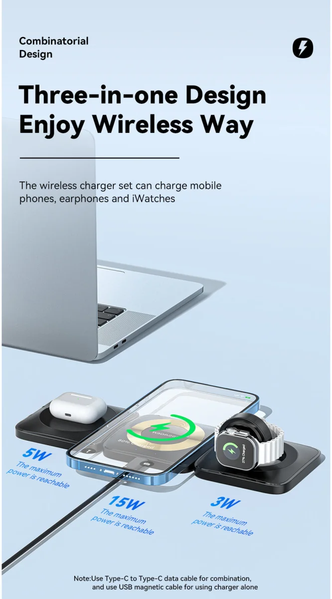Essager 3-in-1 Opvouwbare Draadloze Lader iPhone/AirPods/Watch Zwart afbeelding 2