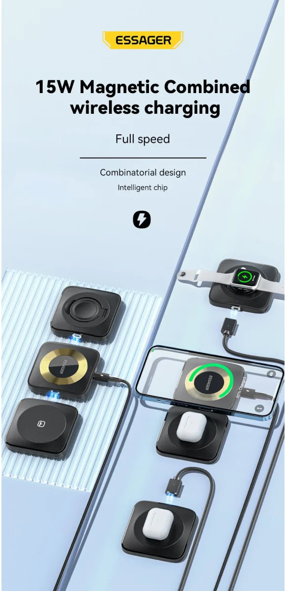 Essager 3-in-1 Opvouwbare Draadloze Lader iPhone/AirPods/Watch Zwart afbeelding 3