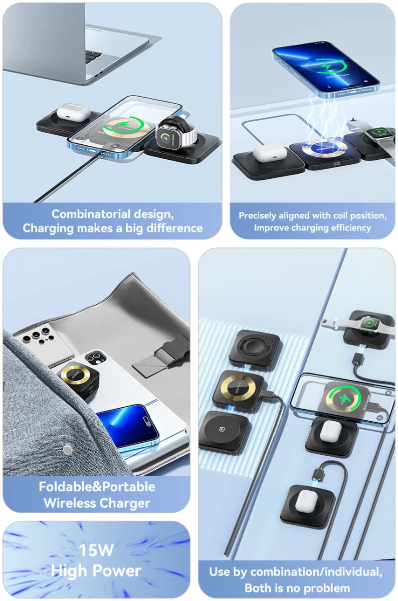 Essager 3-in-1 Opvouwbare Draadloze Lader iPhone/AirPods/Watch Zwart afbeelding 4
