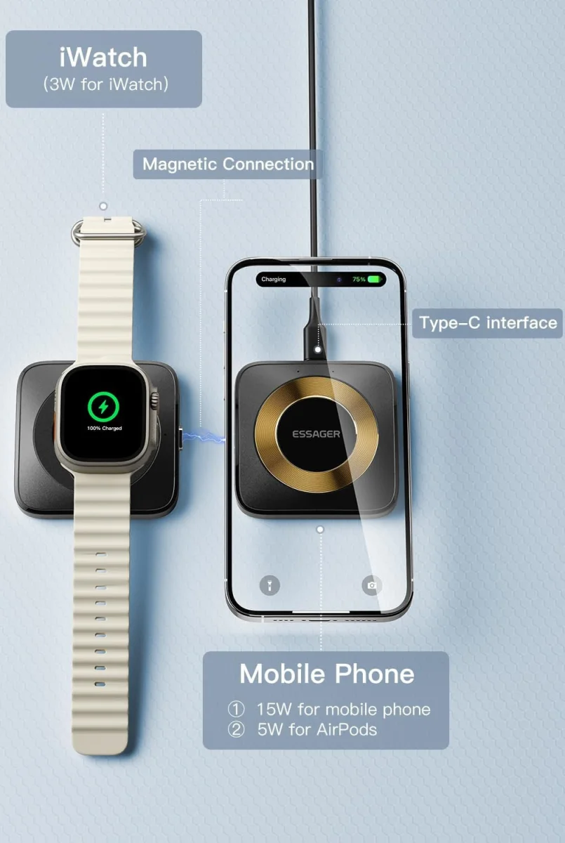 Essager 15W Opvouwbare MagSafe Lader iPhone en Apple Watch Zwart afbeelding 3