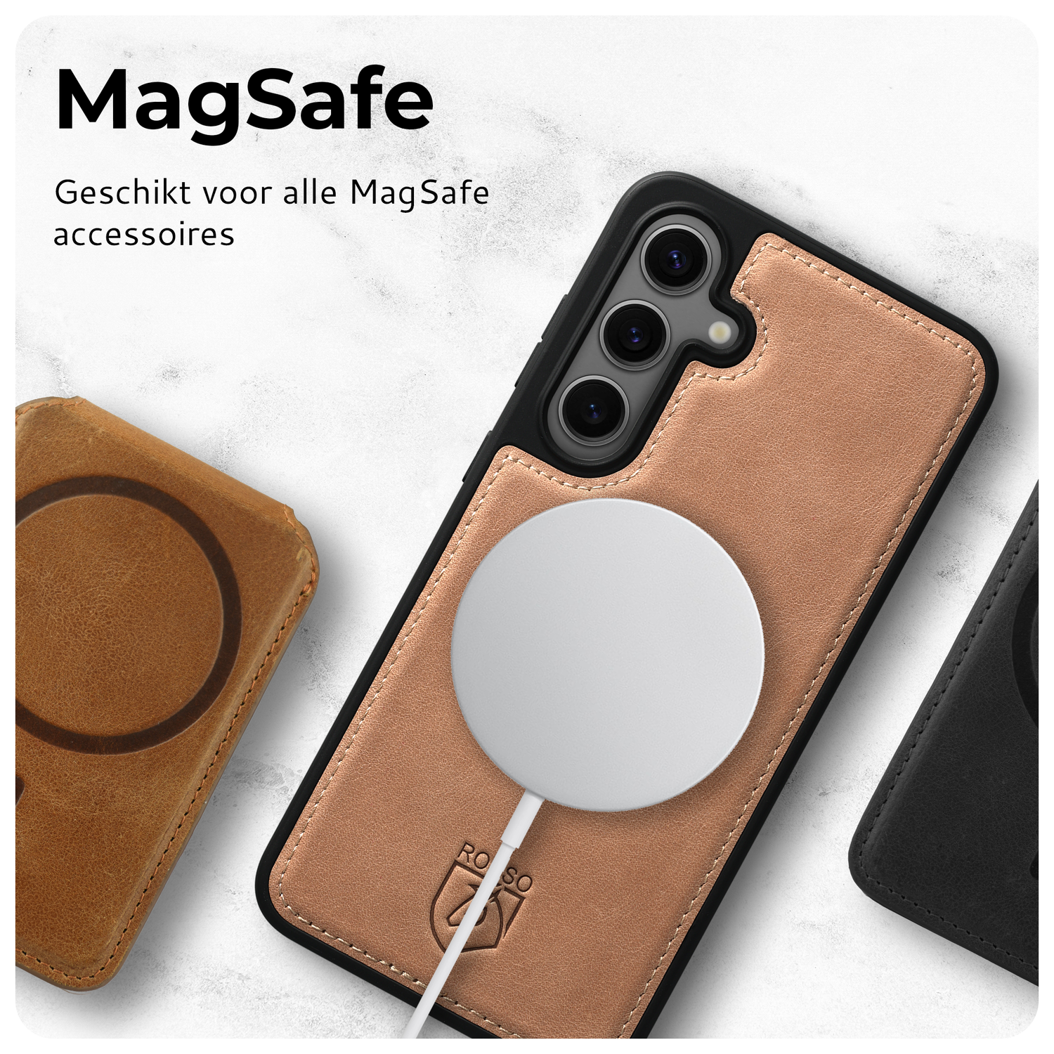 Rosso Elite Samsung Galaxy S24 Hoesje MagSafe Leer Lichtbruin afbeelding 7