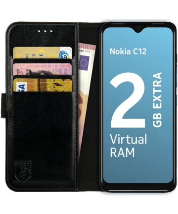 Rosso Element Nokia C12 Hoesje Book Case Wallet Zwart Hoesjes