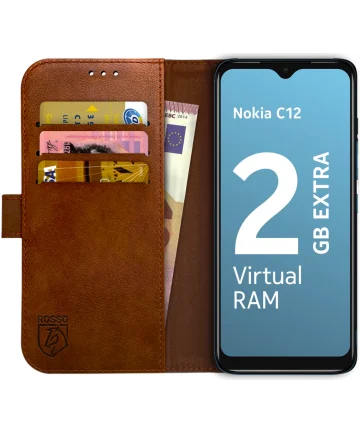 Rosso Element Nokia C12 Hoesje Book Case Wallet Bruin Hoesjes