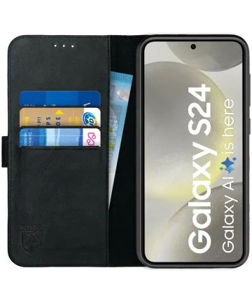 Rosso Deluxe Samsung Galaxy S24 Hoesje Echt Leer Book Case Zwart Hoesjes