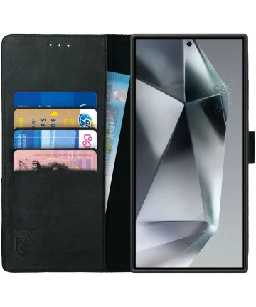 Rosso Deluxe Samsung Galaxy S24 Ultra Hoesje Echt Leer Book Case Zwart Hoesjes