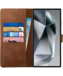 Rosso Deluxe Samsung Galaxy S24 Ultra Hoesje Echt Leer Book Case Bruin