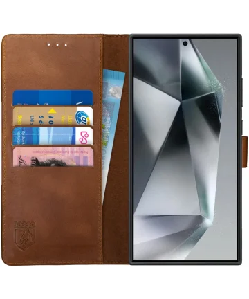 Rosso Deluxe Samsung Galaxy S24 Ultra Hoesje Echt Leer Book Case Bruin Hoesjes