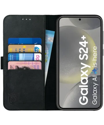 Rosso Deluxe Samsung Galaxy S24 Plus Hoesje Echt Leer Book Case Zwart Hoesjes