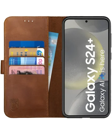 Rosso Deluxe Samsung Galaxy S24 Plus Hoesje Echt Leer Book Case Bruin Hoesjes