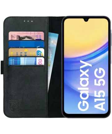 Rosso Deluxe Samsung Galaxy A15 Hoesje Echt Leer Book Case Zwart Hoesjes