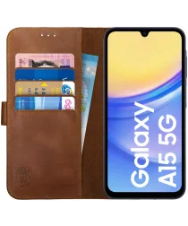 Rosso Deluxe Samsung Galaxy A15 Hoesje Echt Leer Book Case Bruin