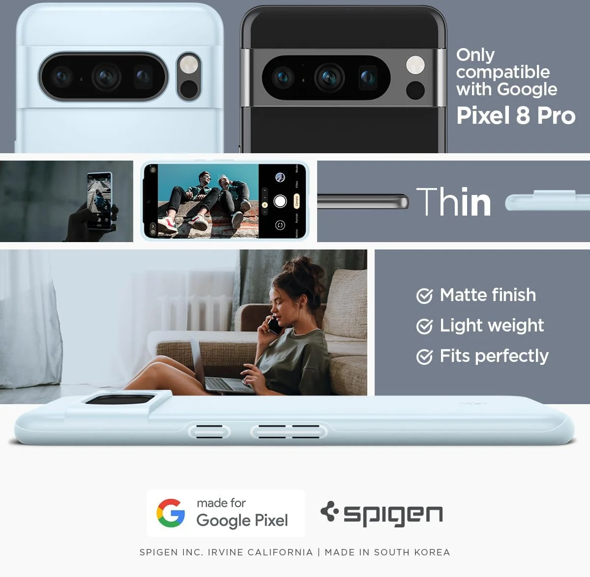 Spigen Thin Fit Google Pixel 8 Pro Hoesje Back Cover Blauw afbeelding 5