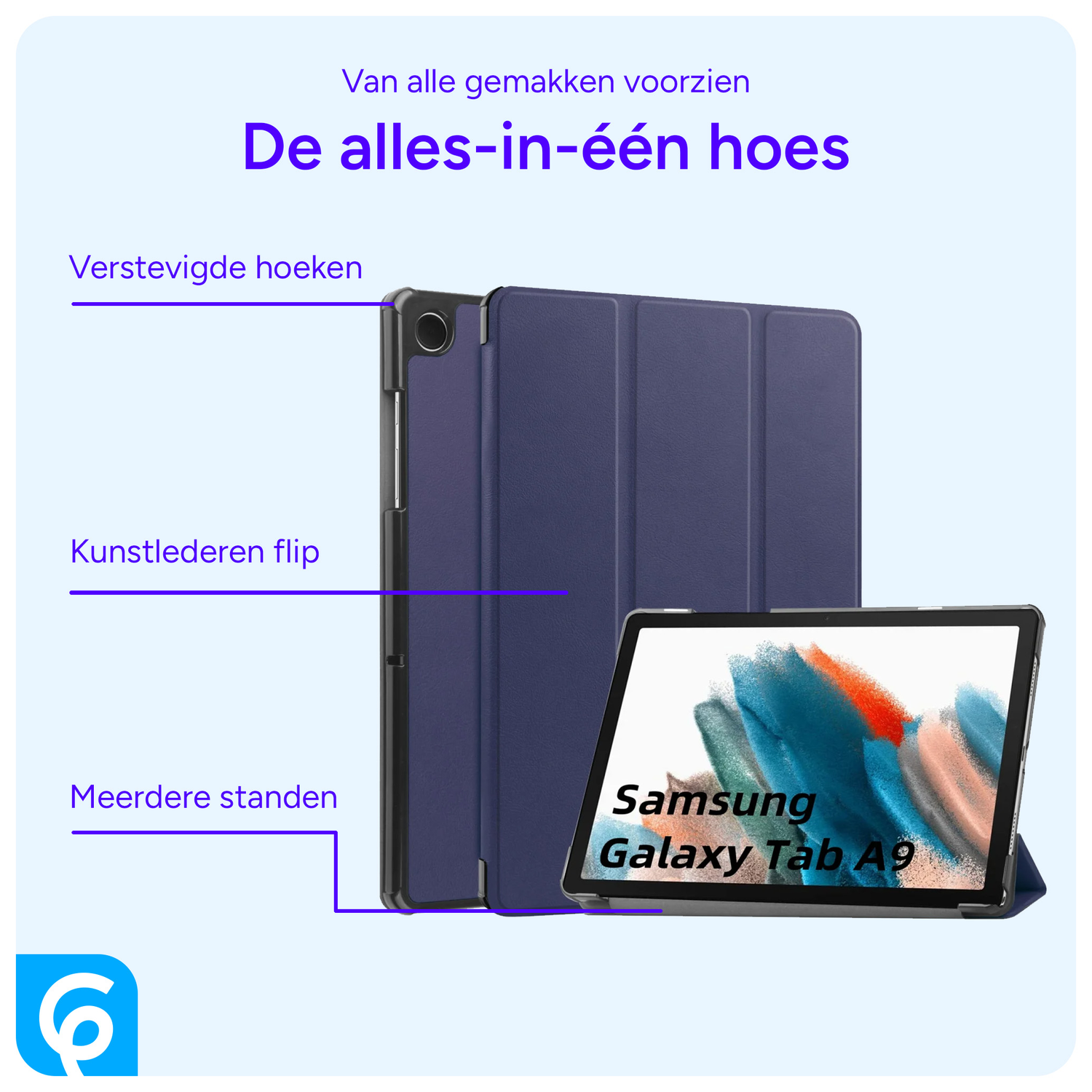 Samsung Galaxy Tab A9 Hoes Tri-Fold Book Case Standaard Blauw afbeelding 3
