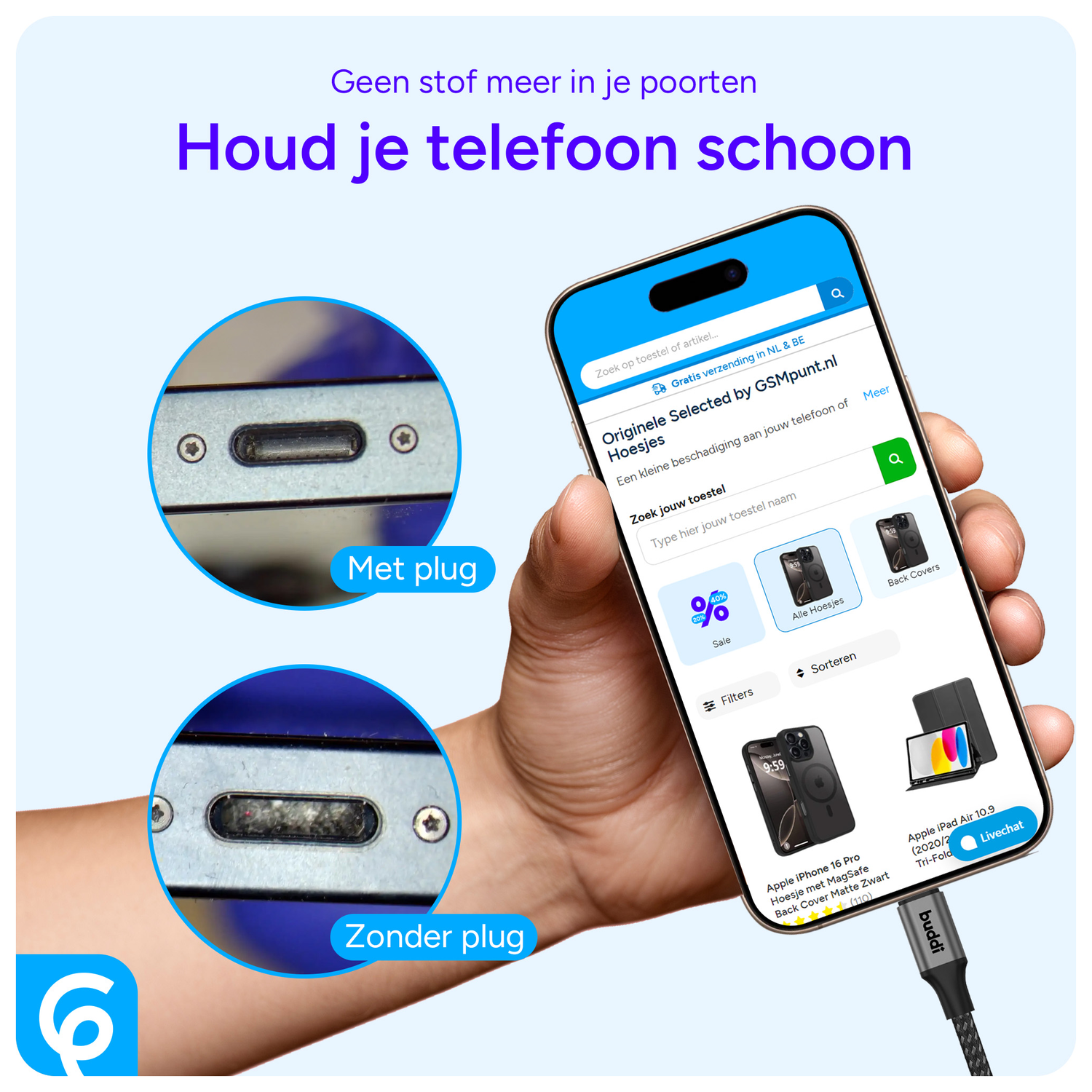 Stofdichte Plug met Plakstrip voor Lightning Poort Zwart (2-Pack) afbeelding 2