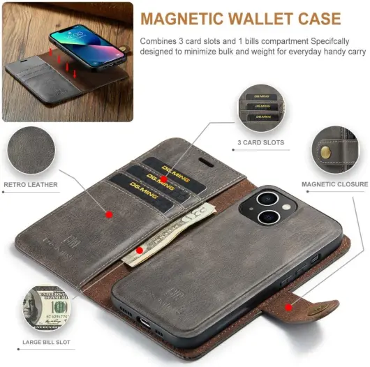 DG Ming Apple iPhone 15 Plus Hoesje Retro Wallet Book Case Grijs afbeelding 4