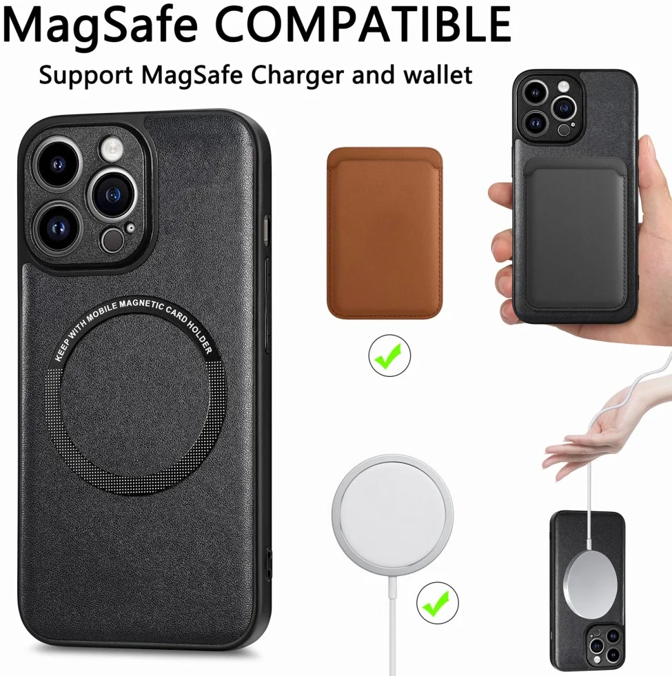 Apple iPhone 15 Pro Max Hoesje MagSafe Kunstleer Back Cover Zwart afbeelding 2