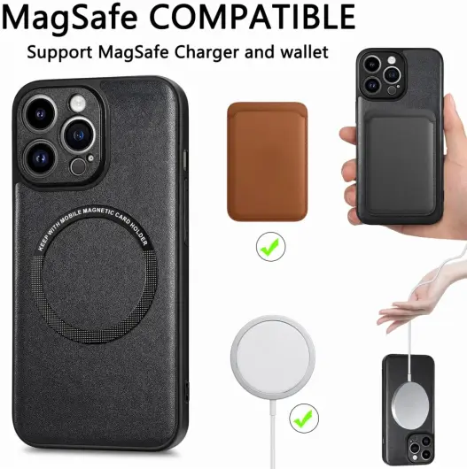 Apple iPhone 15 Pro Max Hoesje MagSafe Kunstleer Back Cover Zwart afbeelding 2
