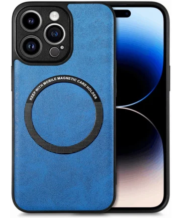 Apple iPhone 15 Pro Max Hoesje MagSafe Kunstleer Back Cover Blauw Hoesjes