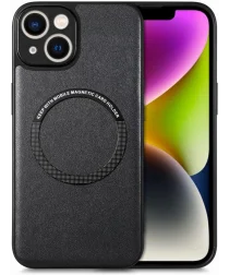 Apple iPhone 15 Plus Hoesje MagSafe Kunstleer Back Cover Zwart