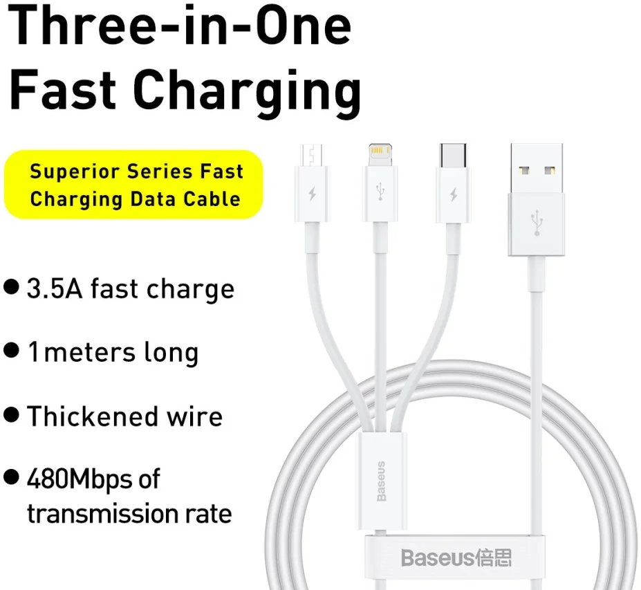 Baseus Superior 3-in-1 USB naar Lightning/USB-C/MicroUSB Kabel 1M afbeelding 3