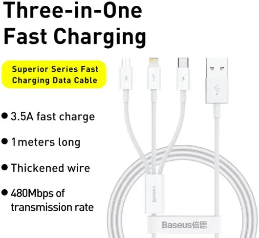 Baseus Superior 3-in-1 USB naar Lightning/USB-C/MicroUSB Kabel 1M afbeelding 3