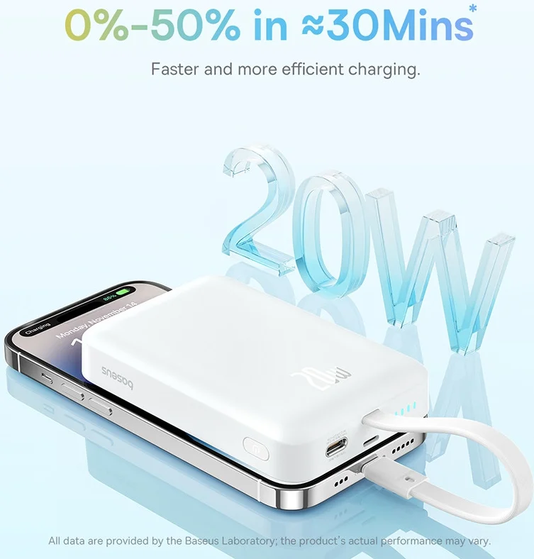 Baseus 10.000 mAh Powerbank MagSafe Ingebouwde Lightning Kabel Wit afbeelding 4