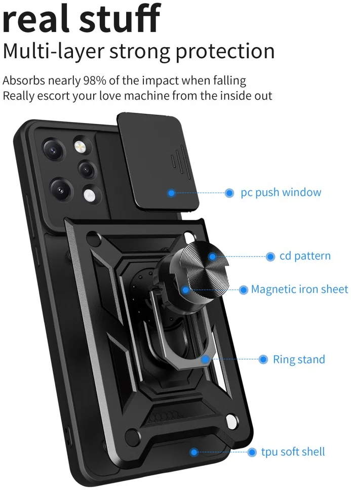Xiaomi Redmi 12 Hoesje met Camera Slider en Kickstand Ring Zwart afbeelding 8