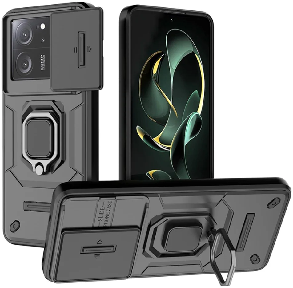 Xiaomi 13T / 13T Pro Hoesje met Camera Slider en Kickstand Ring Zwart afbeelding 1