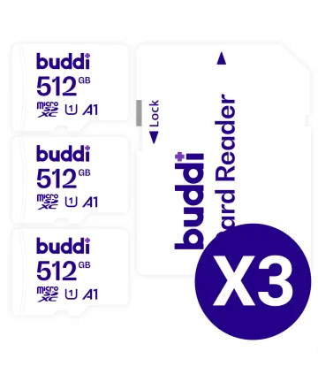 Buddi MicroSDXC Geheugenkaart met SD Kaart Adapter 512GB 3-Pack Geheugenkaarten