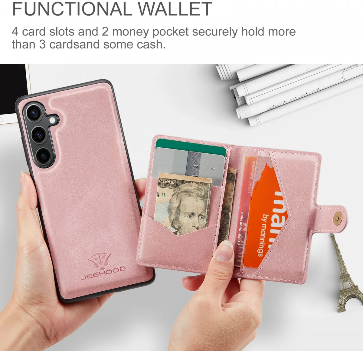 CaseMe JH-01 Samsung Galaxy S24 Hoesje Magnetische Kaarthouder Roze afbeelding 10