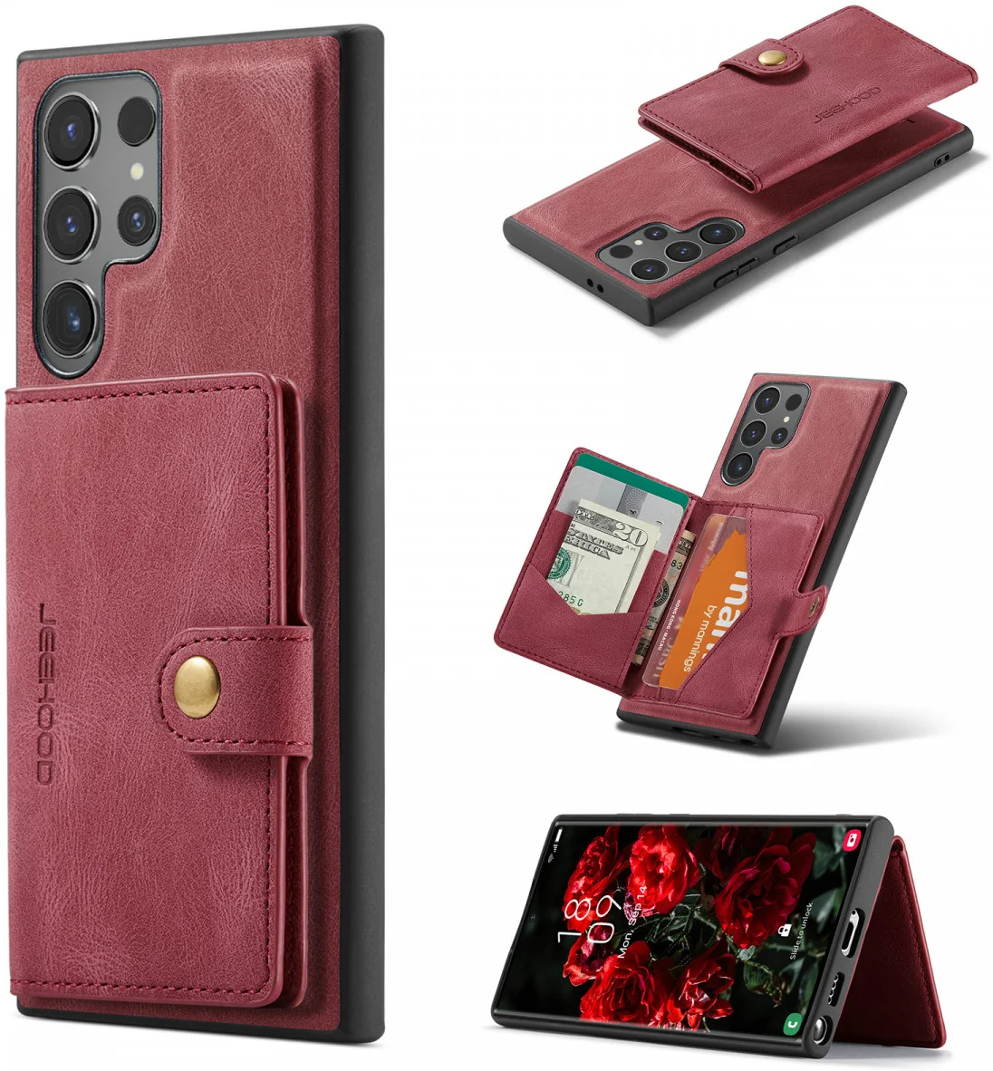 CaseMe JH-01 Samsung Galaxy S24 Ultra Hoes Magnetische Kaarthouder Rood afbeelding 3