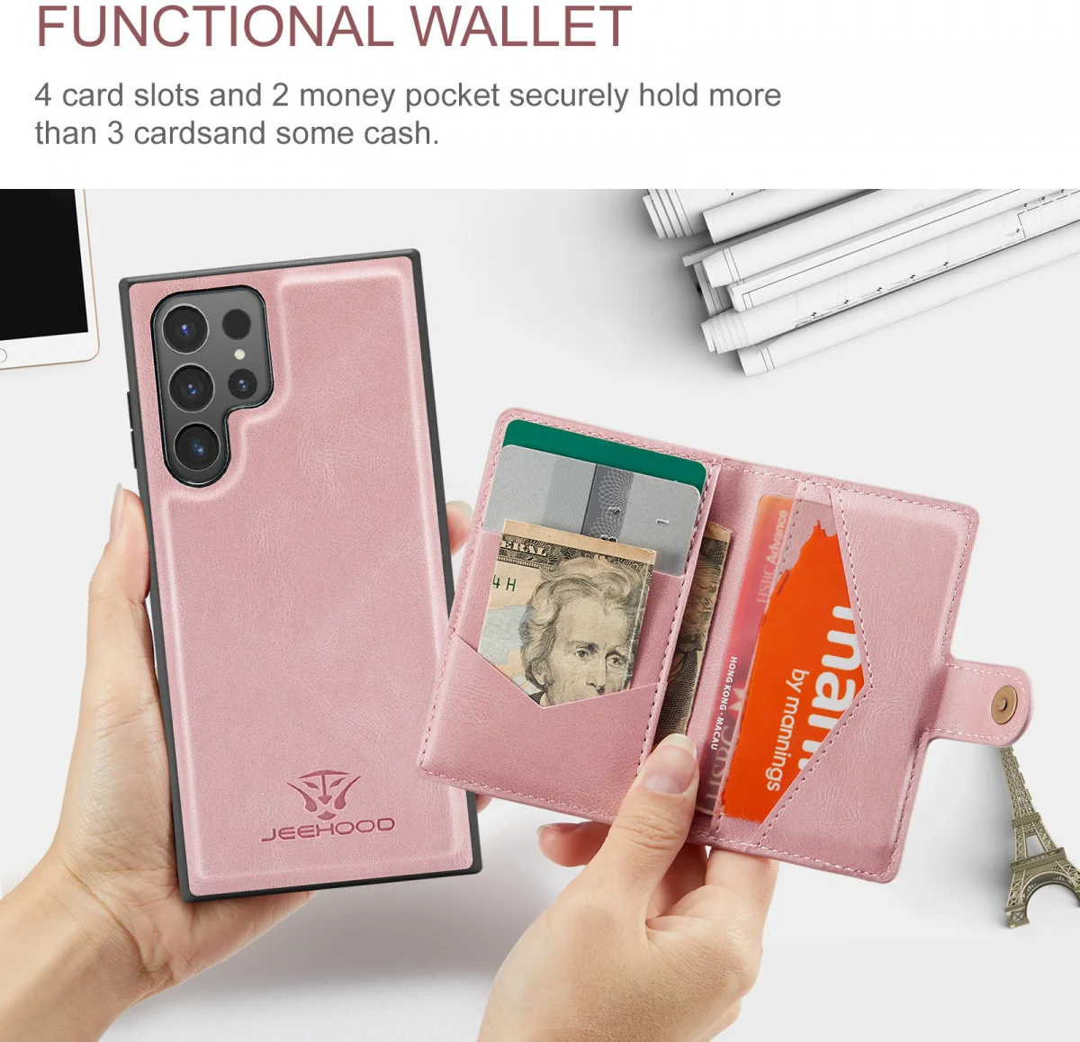 CaseMe JH-01 Samsung Galaxy S24 Ultra Hoes Magnetische Kaarthouder Roze afbeelding 11