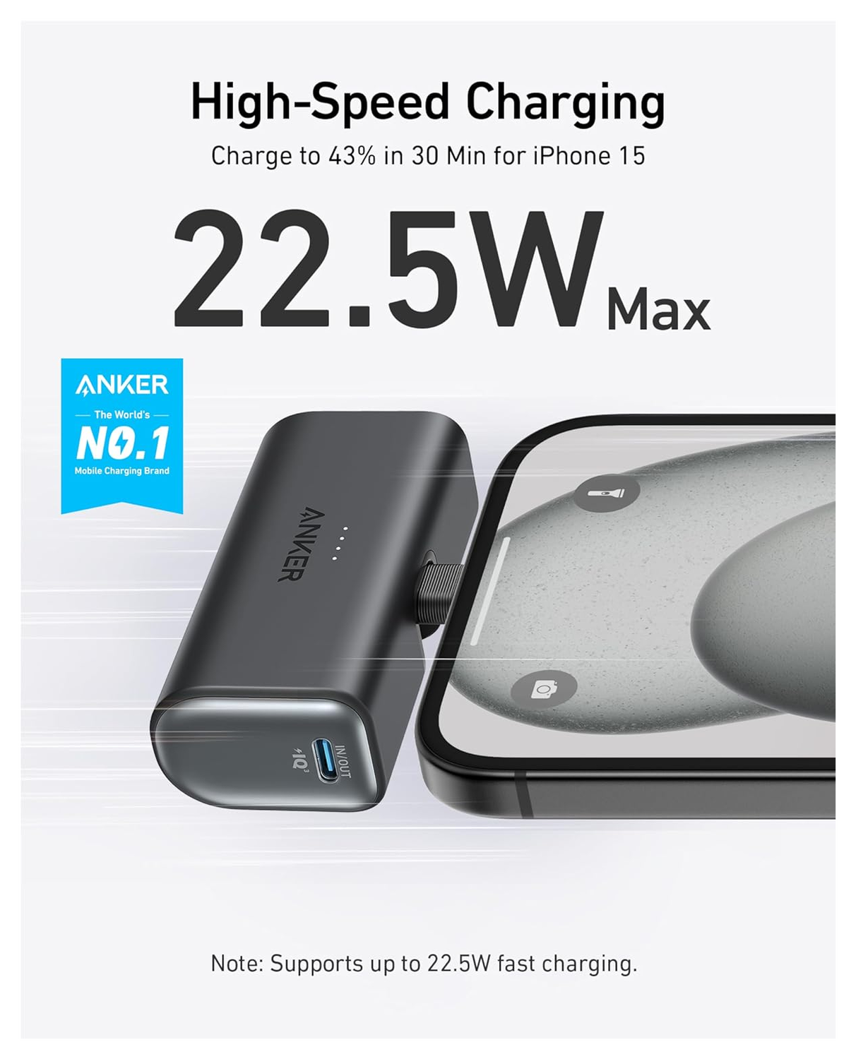 Anker Nano (22.5W) Mini Powerbank met USB-C Connector 5.000 mAh Zwart afbeelding 2
