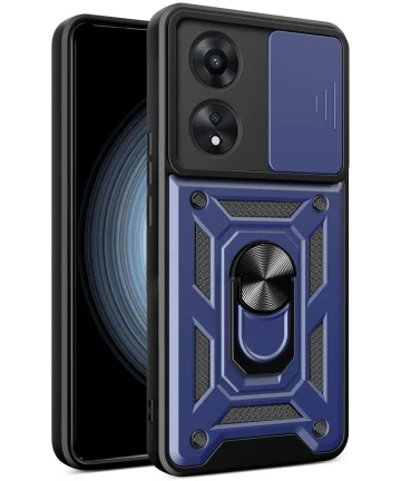Oppo A58 4G Hoesje met Camera Slider en Kickstand Ring Blauw Hoesjes