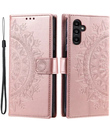 Samsung Galaxy A55 Hoesje Mandala Book Case met Pasjeshouder Roze Goud Hoesjes