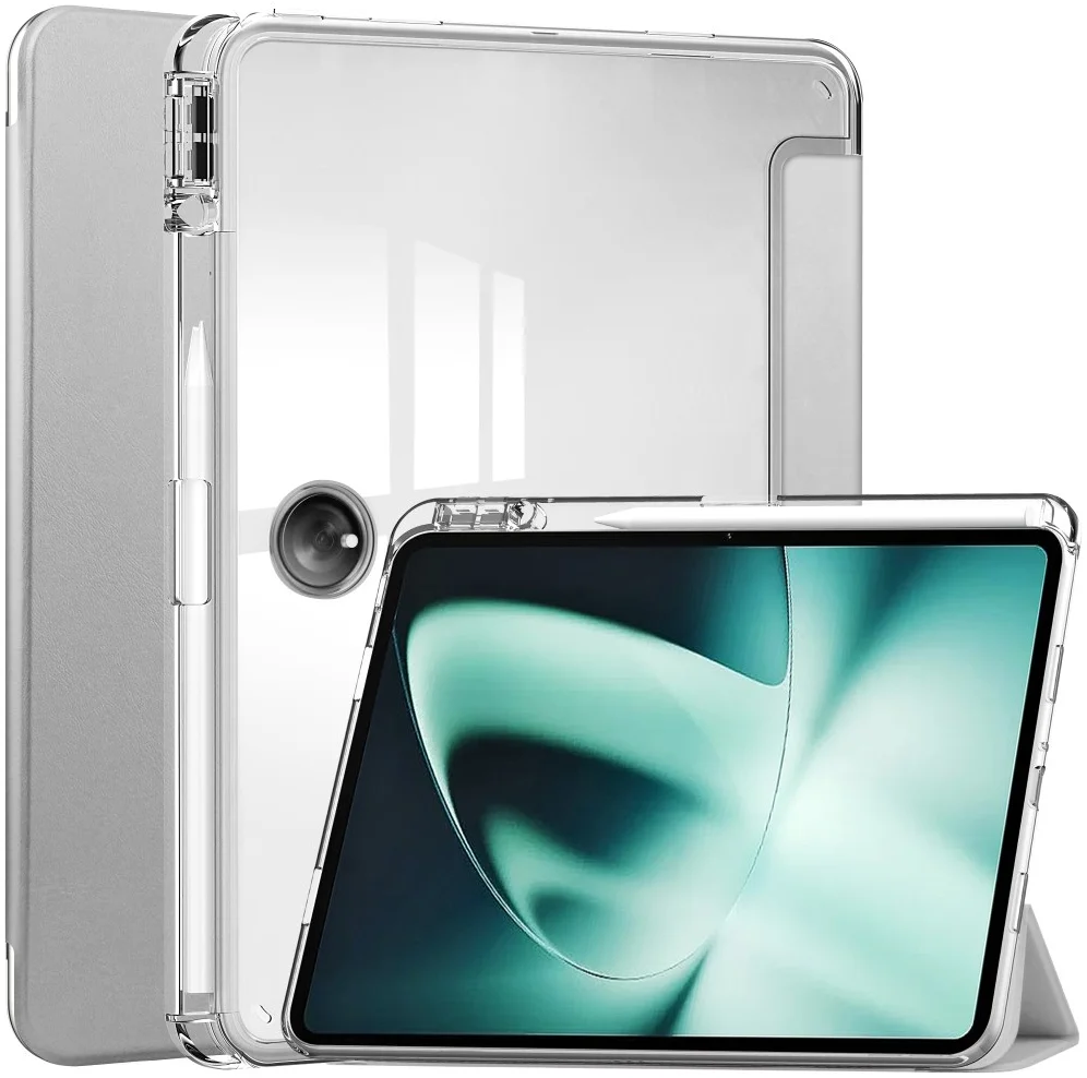 OnePlus Pad Hoes Book Case Sleep/Wake met Pen Houder Clear Zilver afbeelding 1