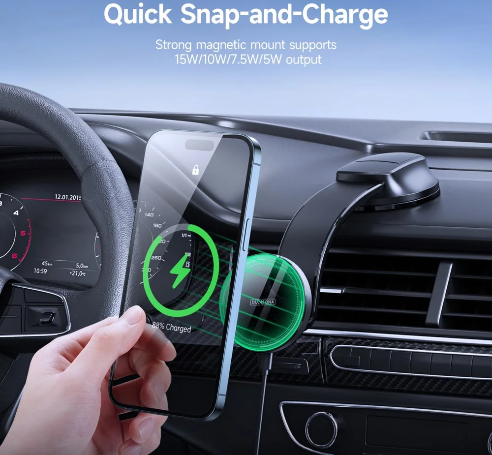 Duzzona MagSafe Dashboard Telefoonhouder Auto met Opladen 15W Zwart afbeelding 6