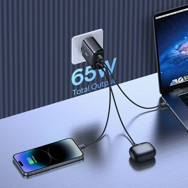 Baseus Cube Pro Trio Power Adapter 2x USB-C / USB-A 65W Zwart afbeelding 3