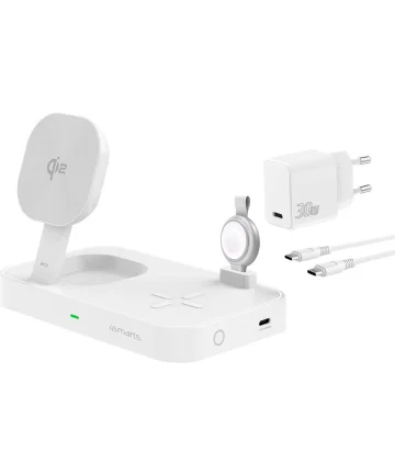4Smarts 3-in-1 Qi2 MagSafe Draadloze Oplaadstation met 30W Adapter Wit Opladers