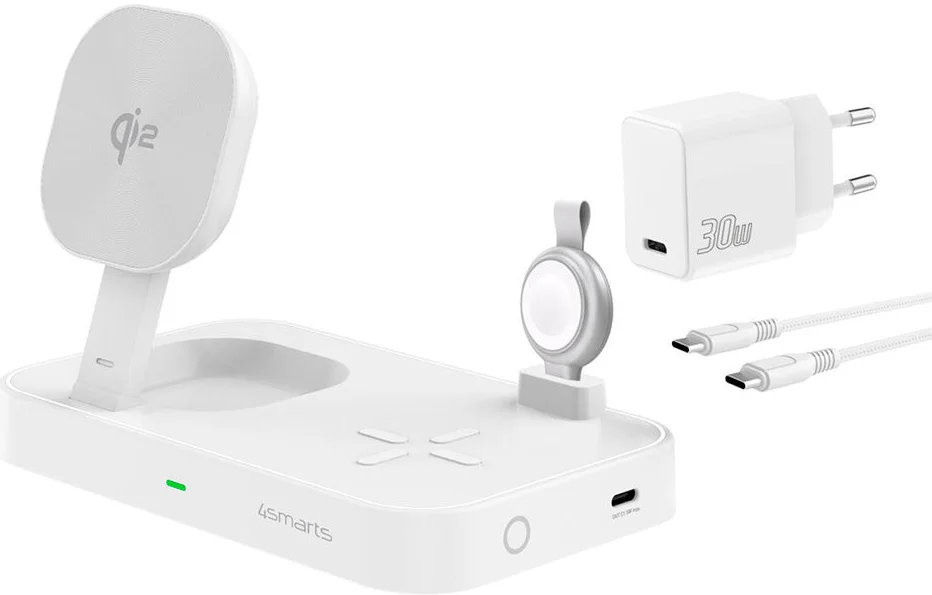 4Smarts 3-in-1 Qi2 MagSafe Draadloze Oplaadstation met 30W Adapter Wit afbeelding 1