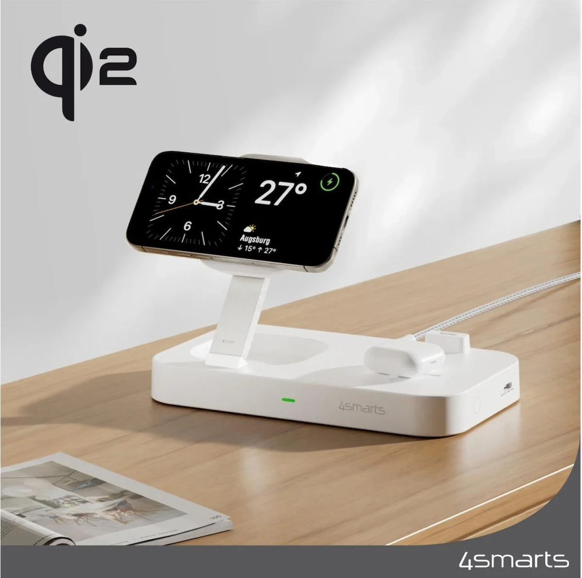 4Smarts 3-in-1 Qi2 MagSafe Draadloze Oplaadstation met 30W Adapter Wit afbeelding 2