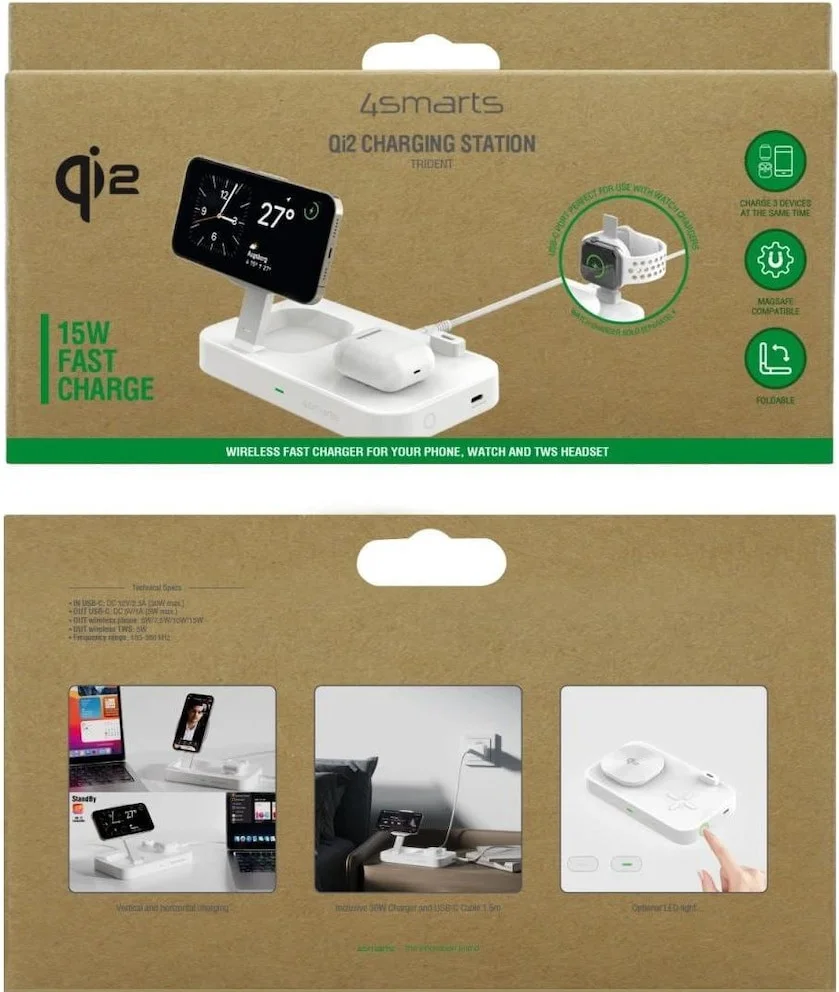 4Smarts 3-in-1 Qi2 MagSafe Draadloze Oplaadstation met 30W Adapter Wit afbeelding 8