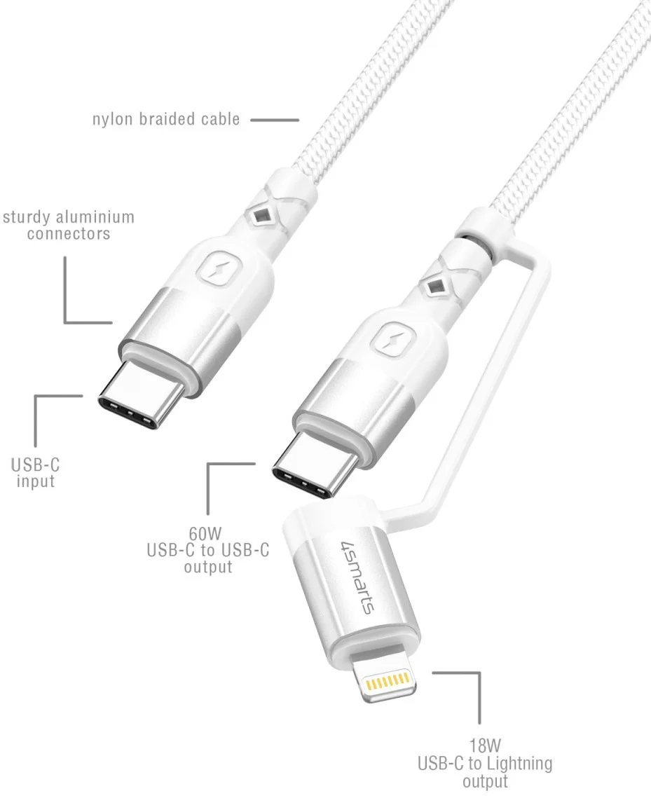 4smarts Duo USB-C Lightning ComboCord Kabel PD Snellader 1,5 Meter Wit afbeelding 4