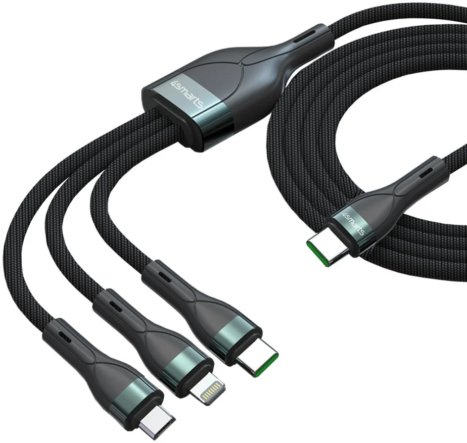 4smarts USB-C PremiumCord 3-in-1 Oplaadkabel 60W 1,5 Meter Zwart afbeelding 2
