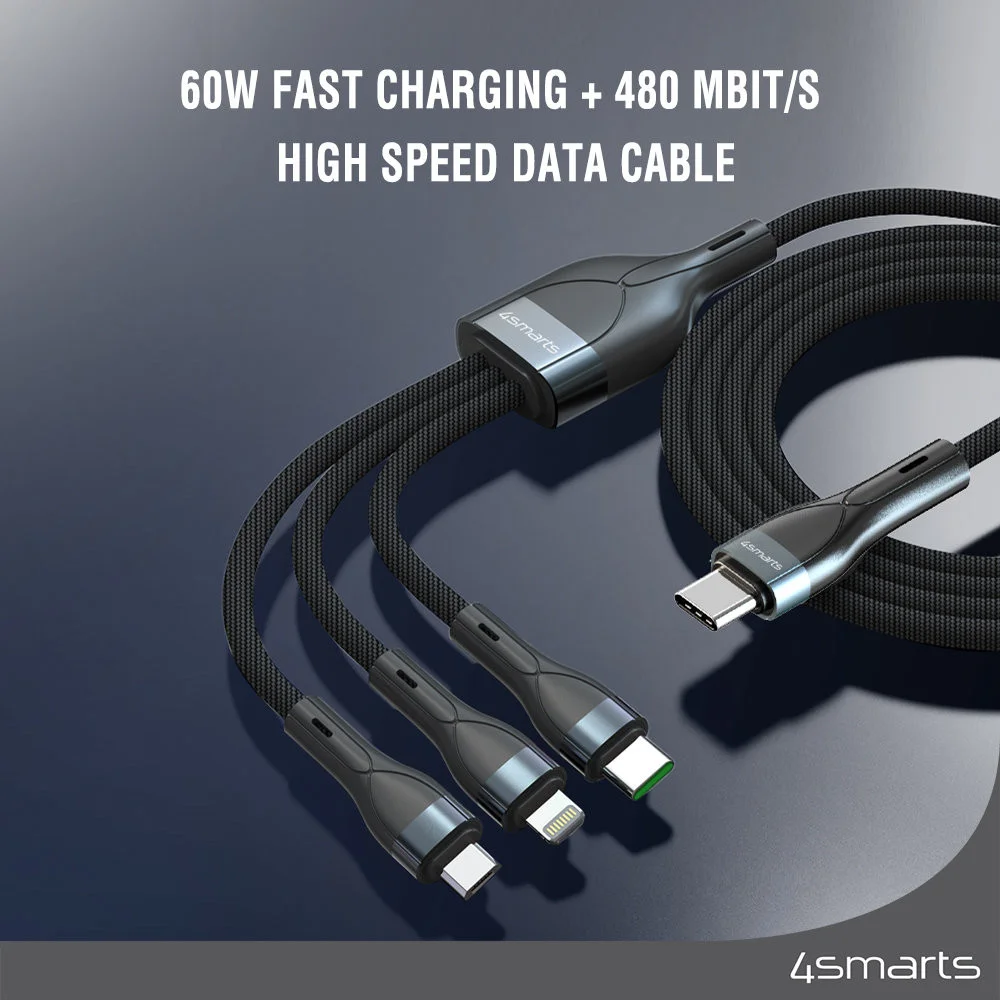 4smarts USB-C PremiumCord 3-in-1 Oplaadkabel 60W 1,5 Meter Zwart afbeelding 4