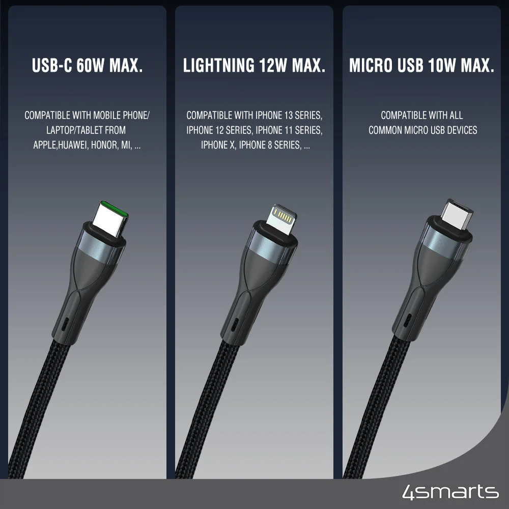 4smarts USB-C PremiumCord 3-in-1 Oplaadkabel 60W 1,5 Meter Zwart afbeelding 6