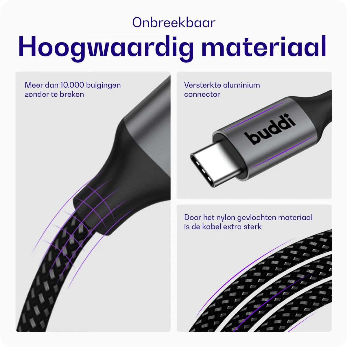 Buddi Flex USB-A naar USB-C Kabel 12W Fast Charge 1M Zwart afbeelding 3